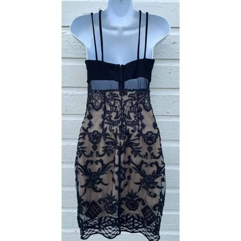 Emerald Sundae Dress Sz 3/4 Black Nude Lace Sequin Strappy Sleeveless Mini - Picture 3 of 6